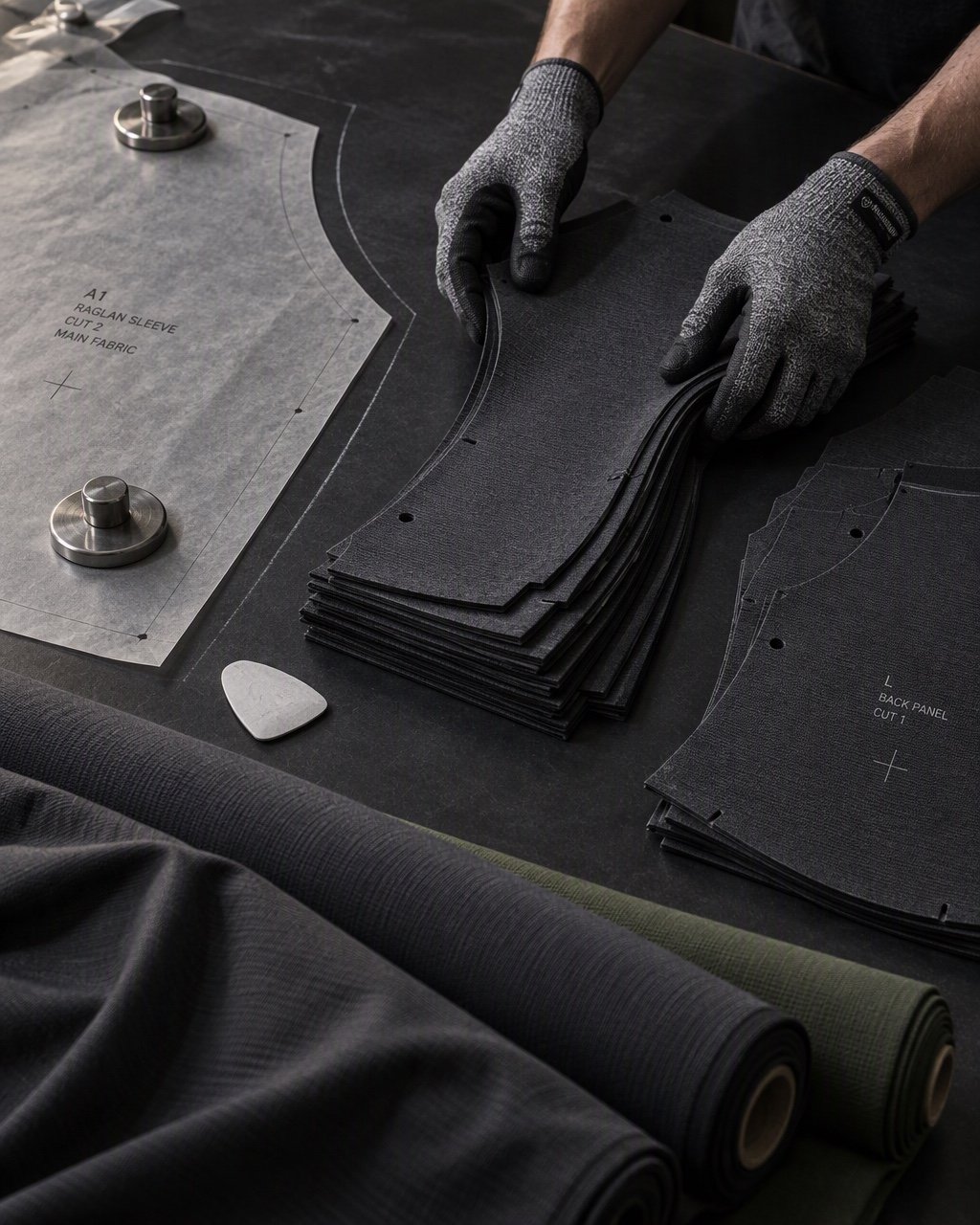 Gloved hands stacking freshly cut technical fabric panels beside pattern paper and marker weights on a cutting table