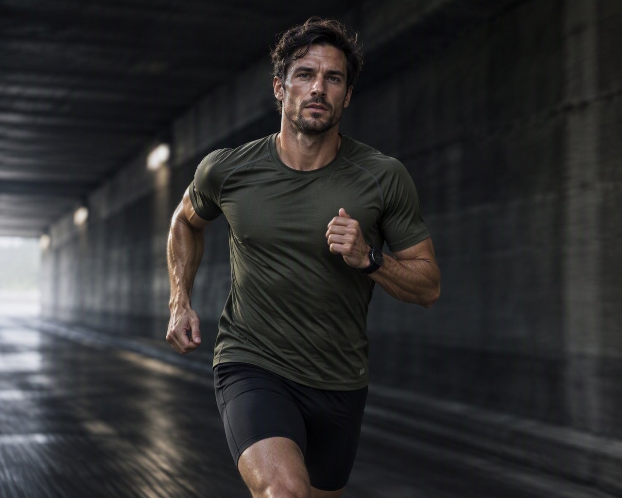 Runner mid stride with his face clearly visible, wearing an olive technical running shirt and black shorts
