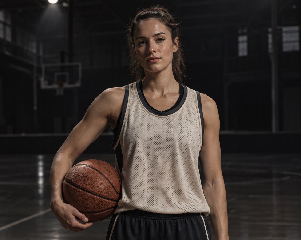 Basketball player holding a ball at her hip with her face clearly visible, wearing a cream and charcoal mesh jersey