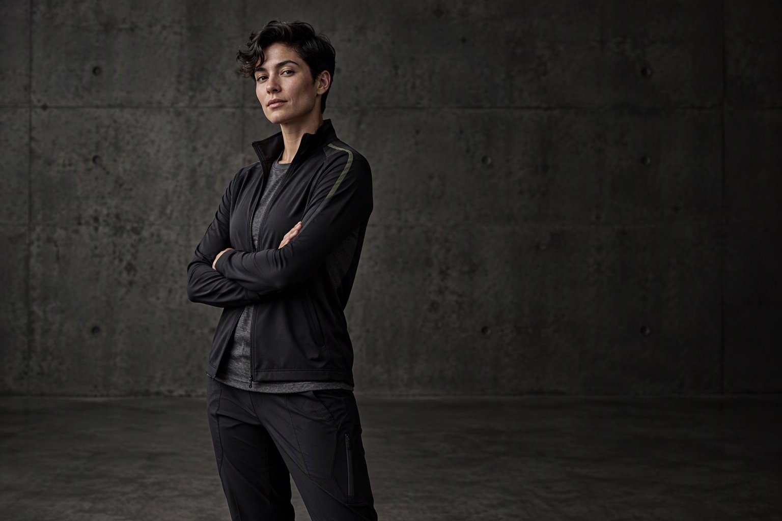 Apparel model standing with arms crossed and face clearly visible, wearing a black technical zip jacket with laser-perforated ventilation panels